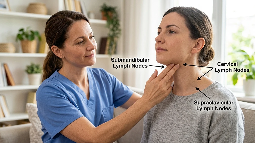 Person gently checking lymph nodes along the neck and jaw