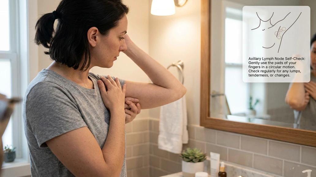 Demonstration of checking the armpit for swollen lymph nodes