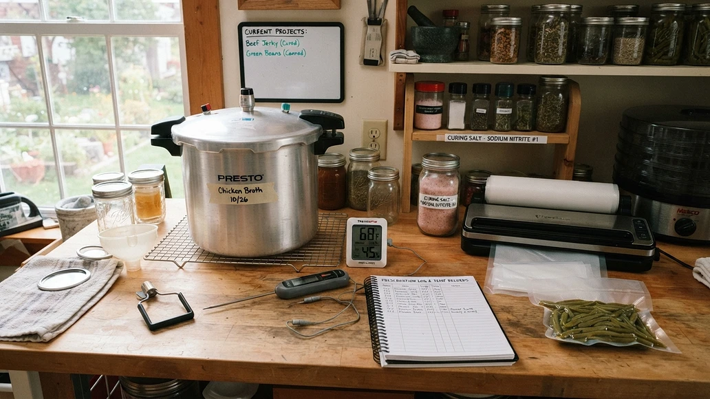 Home food preservation tools arranged on a workbench with monitoring equipment and canning gear