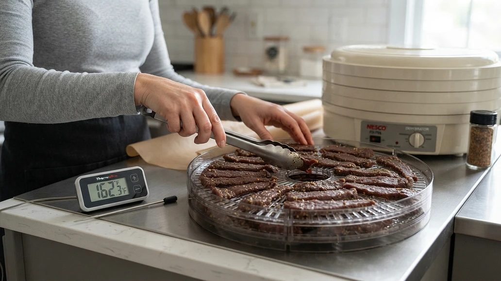 Uniform strips of meat on dehydrator trays with a thermometer in a clean kitchen