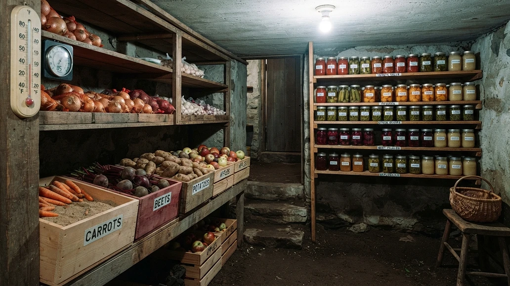 Organized root cellar with produce bins, monitoring tools, and separate shelves for sealed jars
