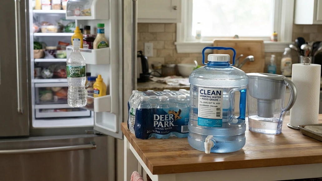 Stored water containers in a kitchen, including sealed bottles and a labeled refillable jug