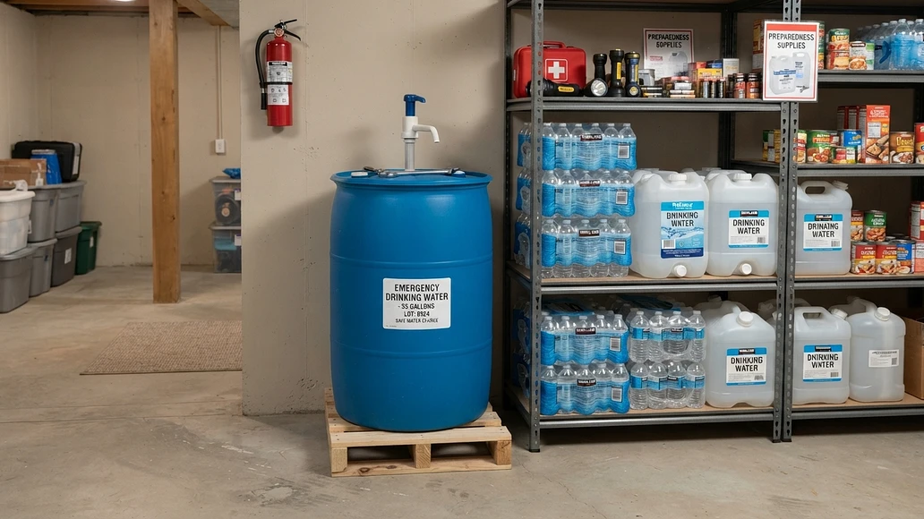 Emergency water storage setup with bottled water, labeled jugs, and a large food-grade drum