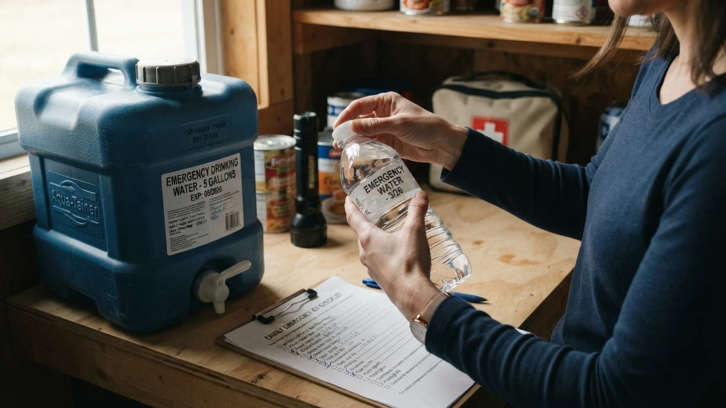 Inspecting stored water by checking the seal, clarity, and labels on emergency containers