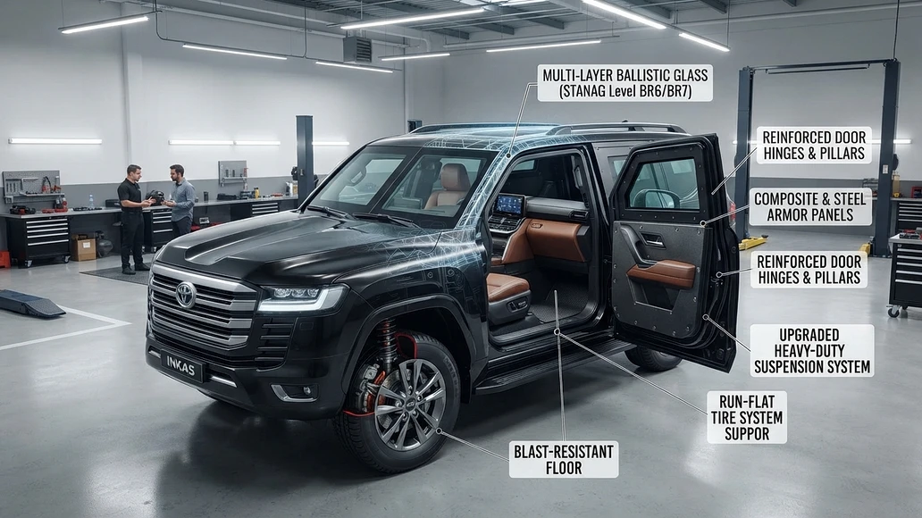 Professionally armored SUV showing major protection components