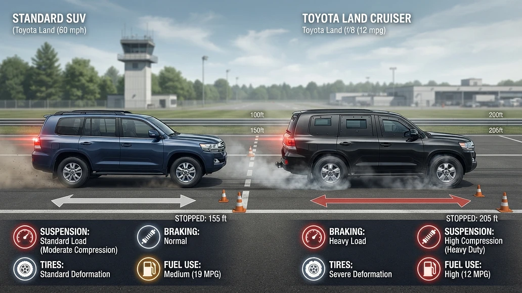 Comparison showing how added armor affects braking and handling