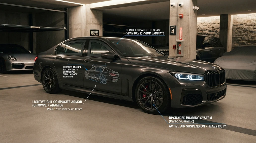 Modern discreet armored sedan with hidden protective upgrades