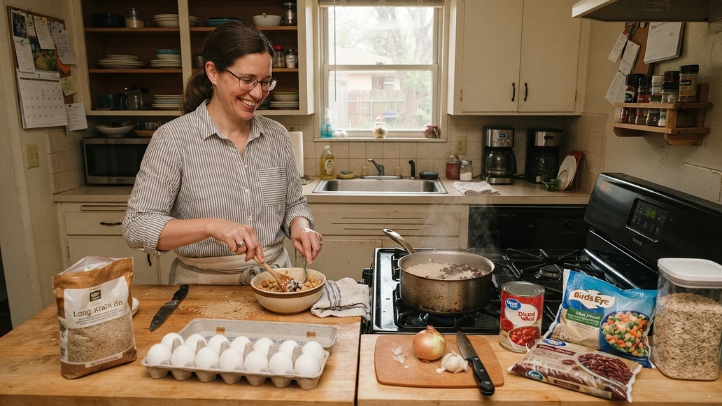 Person cooking affordable meals from pantry staples in a practical home kitchen