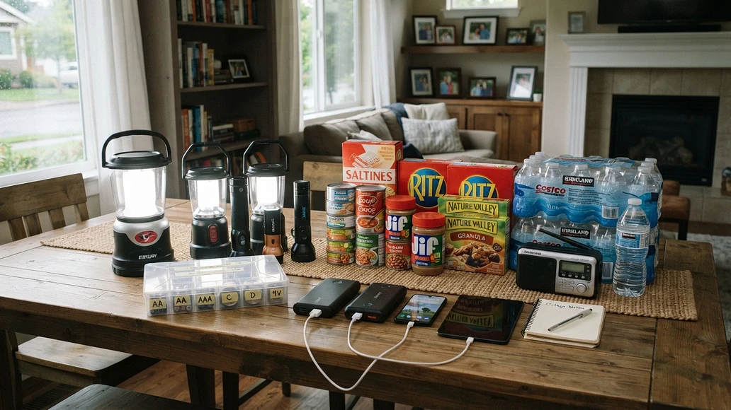 Safe power outage supplies with battery lighting, water, and shelf-stable food