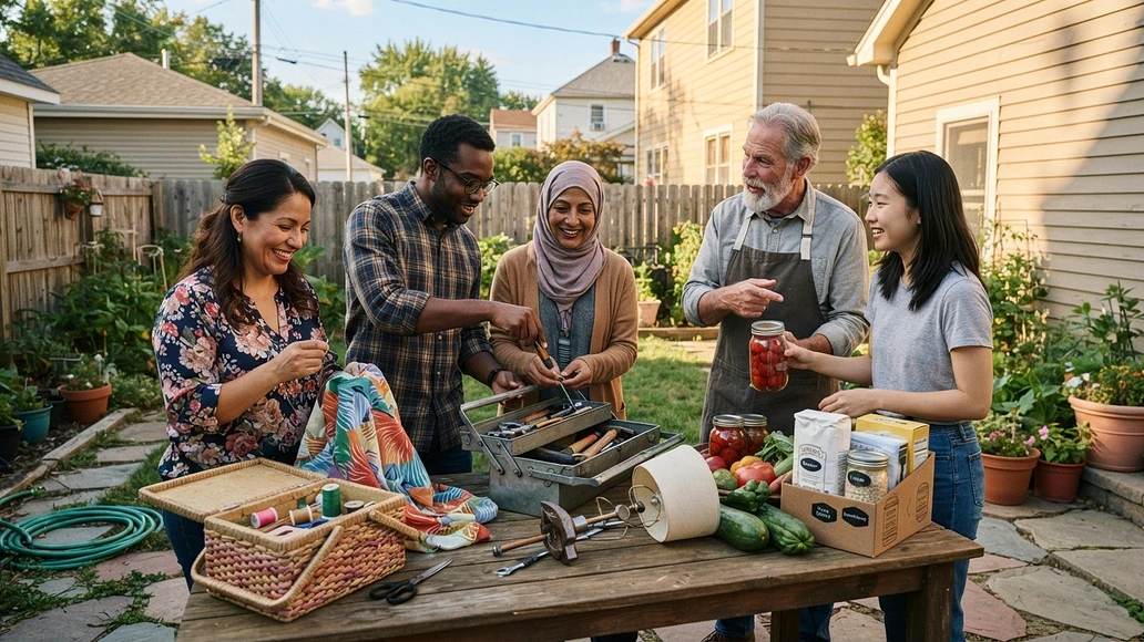 Neighbors sharing practical skills and household help in a community setting