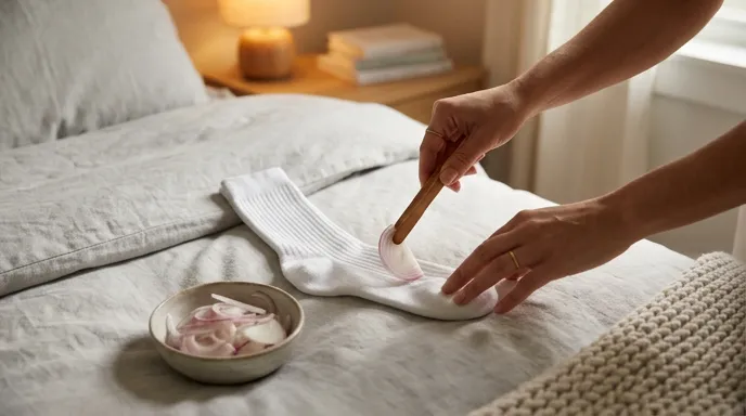 Placing thin onion slices into a cotton sock as part of the folk remedy setup