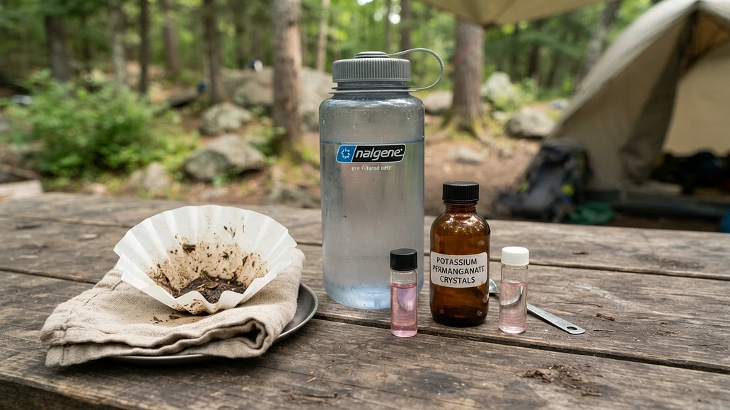 Emergency water treatment setup showing a faint pink potassium permanganate sample and prefilter tools