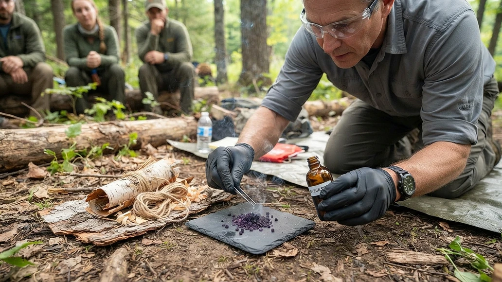 Controlled outdoor demonstration of potassium permanganate and glycerin fire starting with safety gear