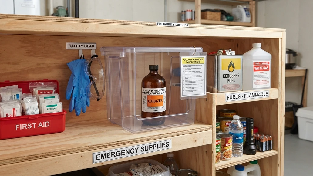 Properly stored potassium permanganate on a home preparedness shelf with labels and protective gear