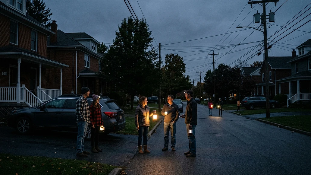 Neighbors talking during a neighborhood power outage at dusk