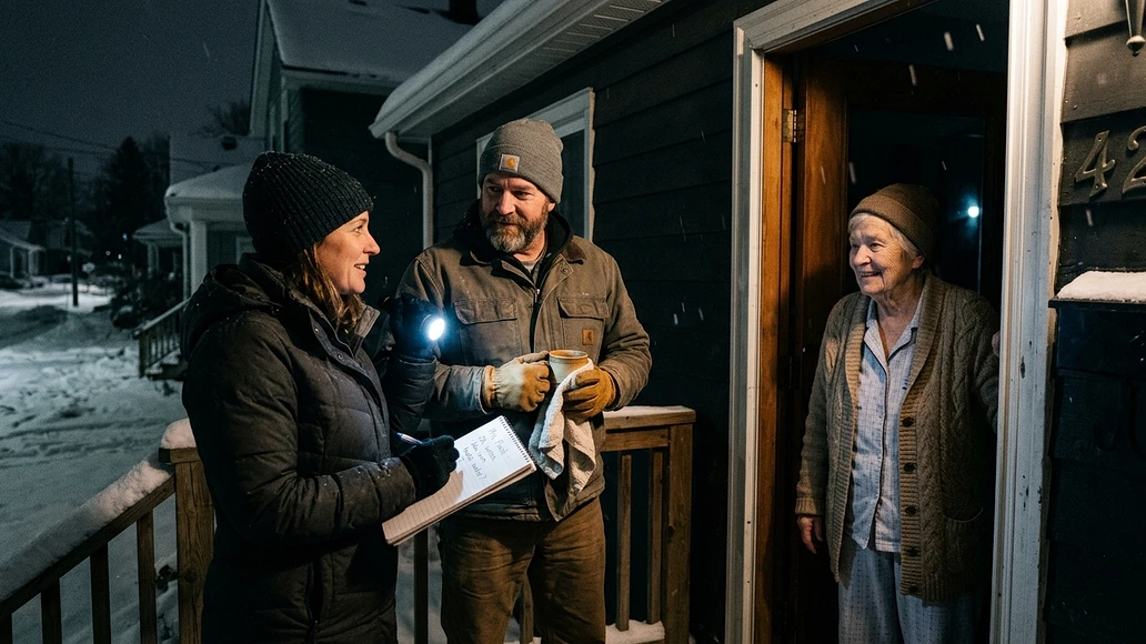 Neighbors safely checking on an older resident during an outage