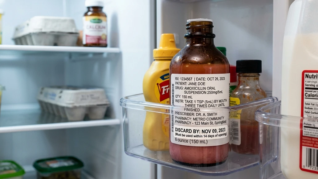 Bottle of liquid amoxicillin with a discard-by label stored in a refrigerator
