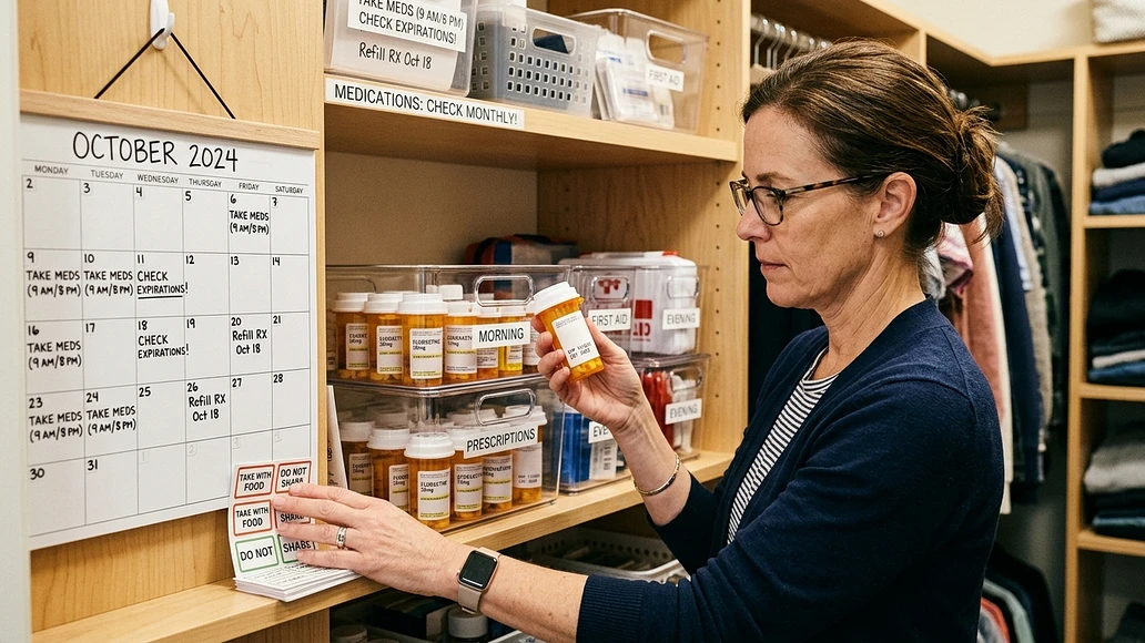 Person checking prescription expiration dates in an organized home medicine cabinet