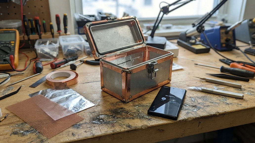 DIY Faraday container with seam and gasket details on a workbench