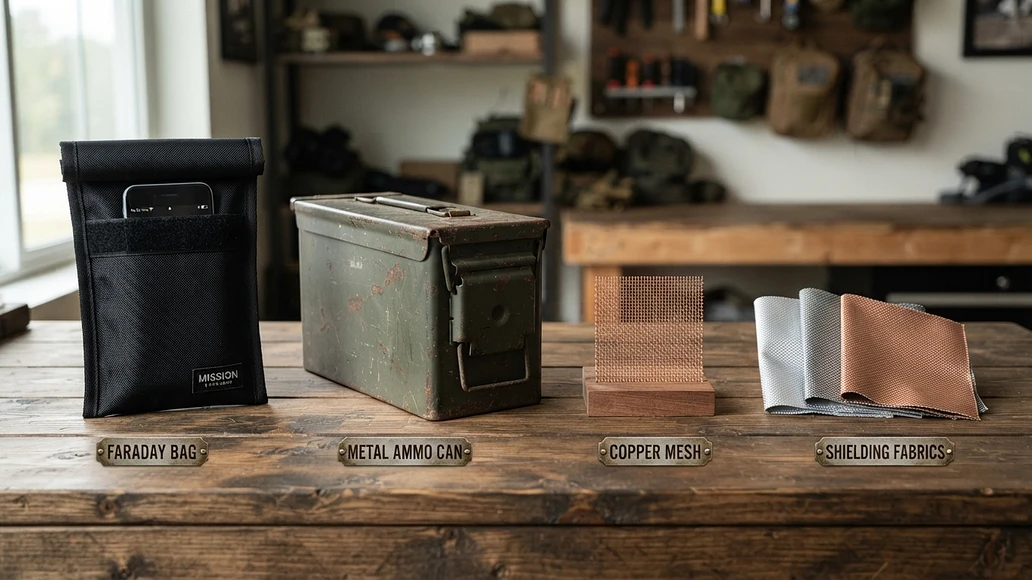 Comparison of Faraday bag, metal container, mesh, and shielding fabric