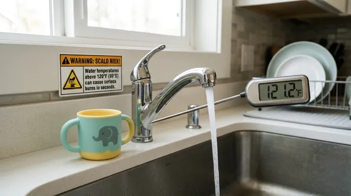 Thermometer and faucet illustrating safe hot water temperature limits