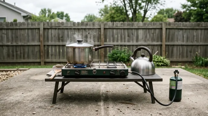 Camp stove heating a lidded pot outdoors during a power outage