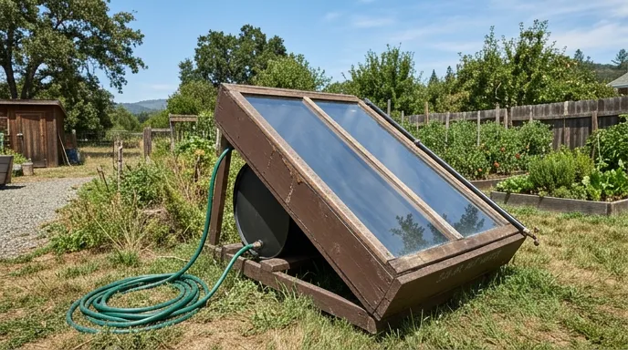 Passive solar batch water heater in a sunny backyard