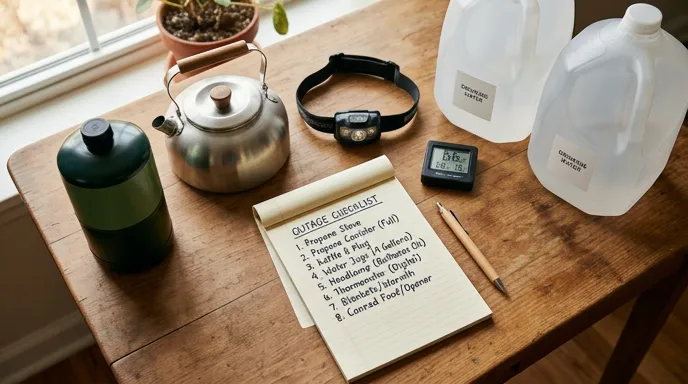 Preparedness checklist with kettle, fuel, and thermometer for heating water during an outage