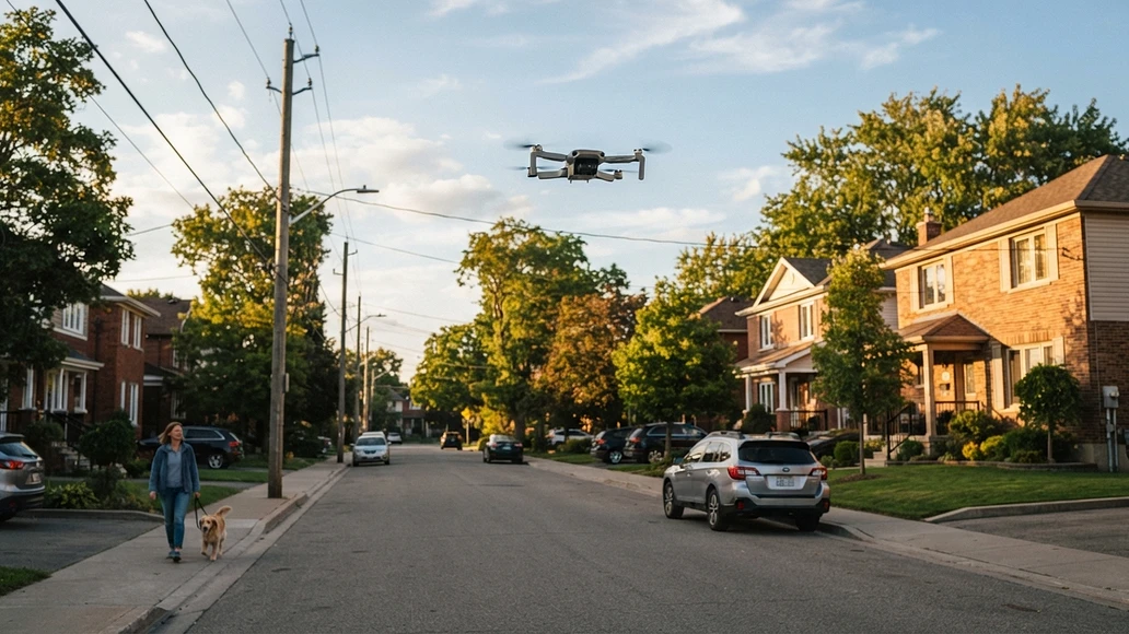 Small consumer drone flying above a suburban neighborhood