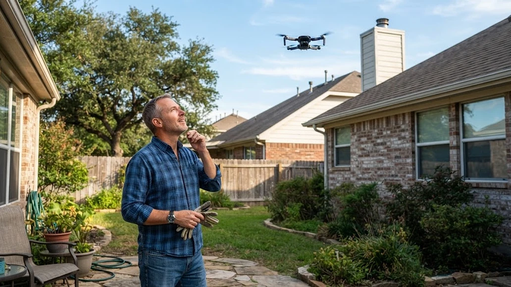 Homeowner noticing a drone flying nearby