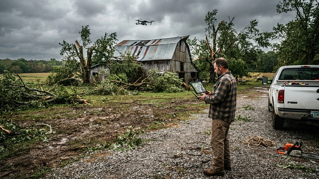 Using a drone to inspect storm damage on a property