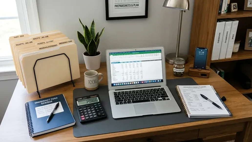 Organized home office with tax records and household preparedness budget
