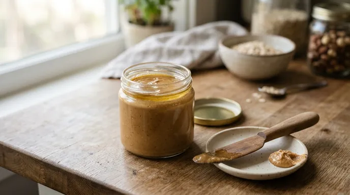 Natural peanut butter in an open jar showing normal oil separation at the top