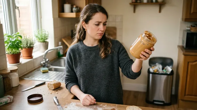 Checking an open peanut butter jar before deciding whether to keep or discard it