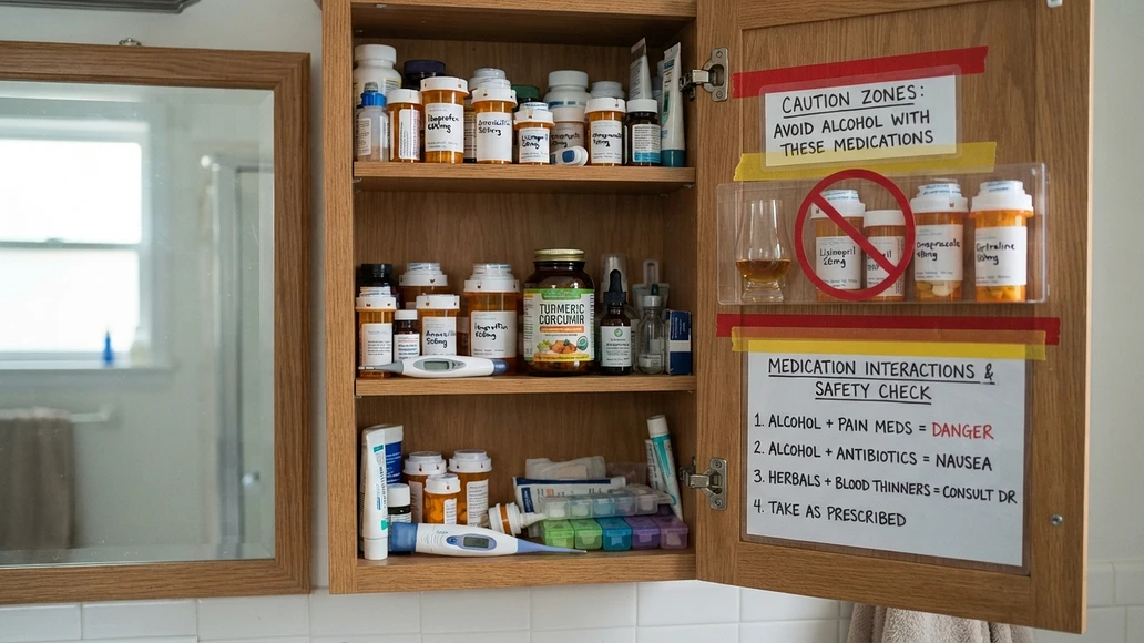 Illustration showing interaction risks between herbal sedatives, alcohol, and medications