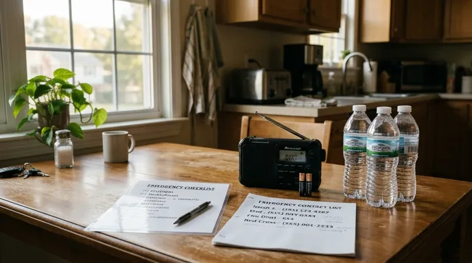 Suburban household emergency planning supplies on kitchen table