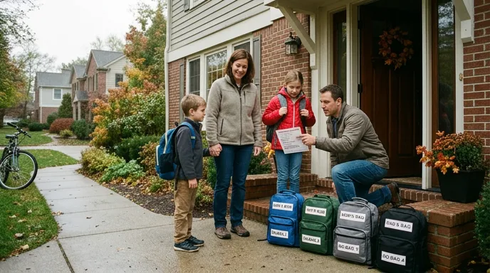 Family emergency drill with go-bags at suburban home