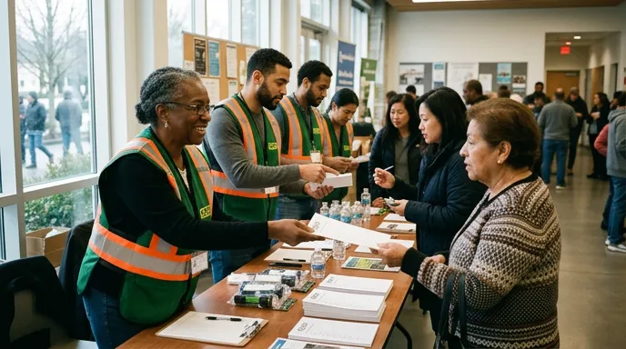 Community emergency volunteers sharing preparedness checklists