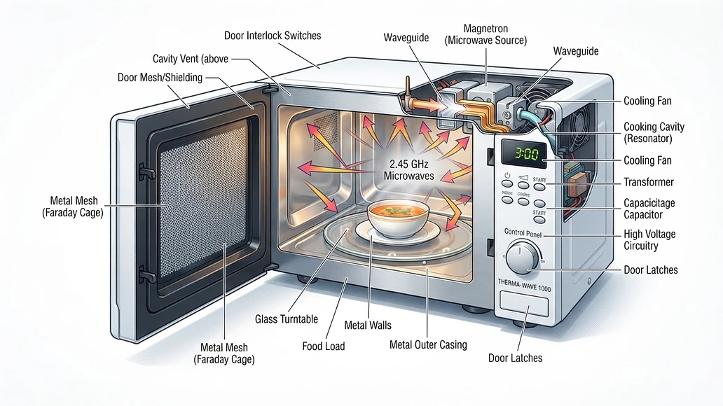 Cutaway view of a microwave oven showing how the metal cavity and door mesh contain microwave energy.
