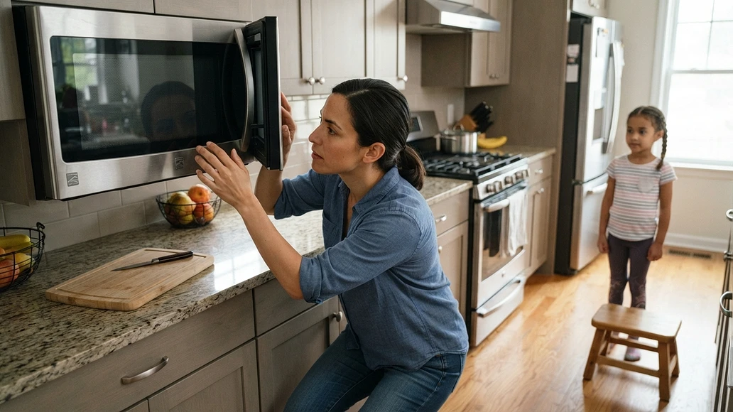 A homeowner checking a microwave door seal while keeping children at a safe distance.