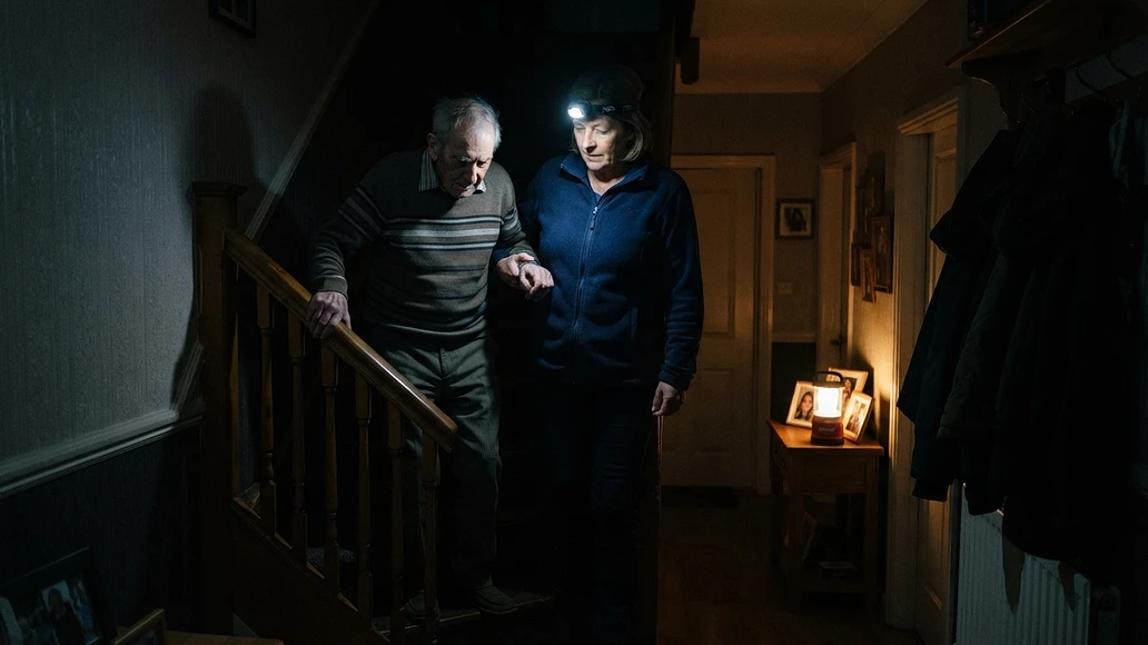 Person using a headlamp to help an older adult on stairs during a blackout