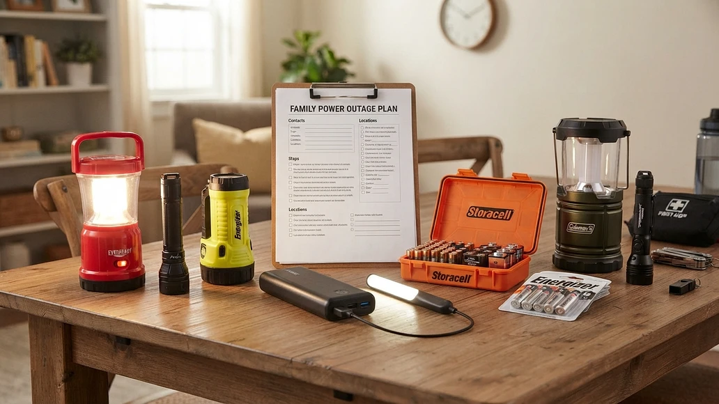 Emergency lighting supplies organized on a table