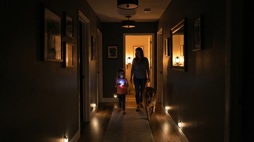 Safe hallway lighting setup during a blackout with clear walking paths