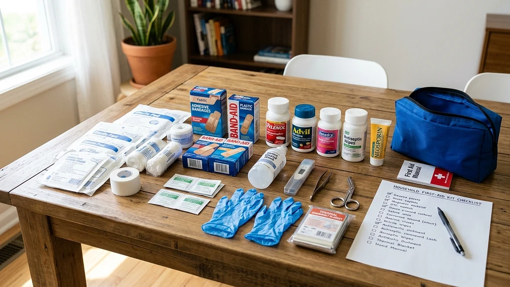 Organized household first-aid supplies laid out on a table