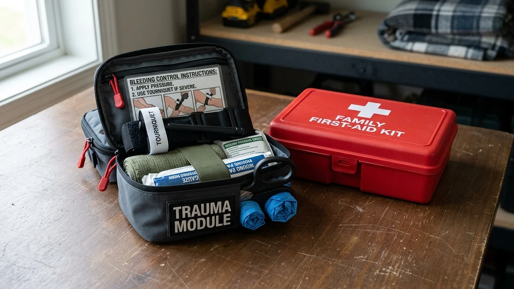 Trauma add-on supplies placed beside a family first-aid kit