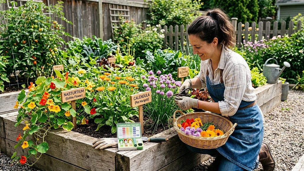 Home garden with edible flowers grown in a clean raised bed