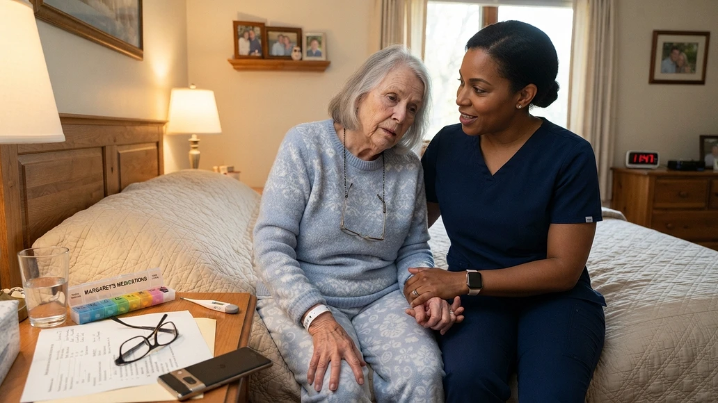 Caregiver noticing warning signs of sepsis in an older adult at home