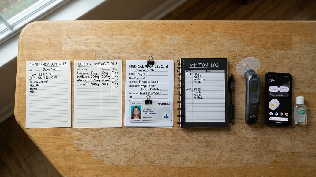Preparedness items for tracking infection symptoms and getting ready for an emergency room visit