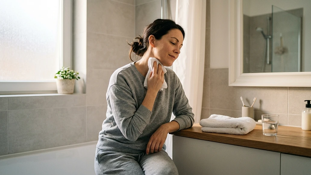 Person applying a warm compress to a swollen area on the neck
