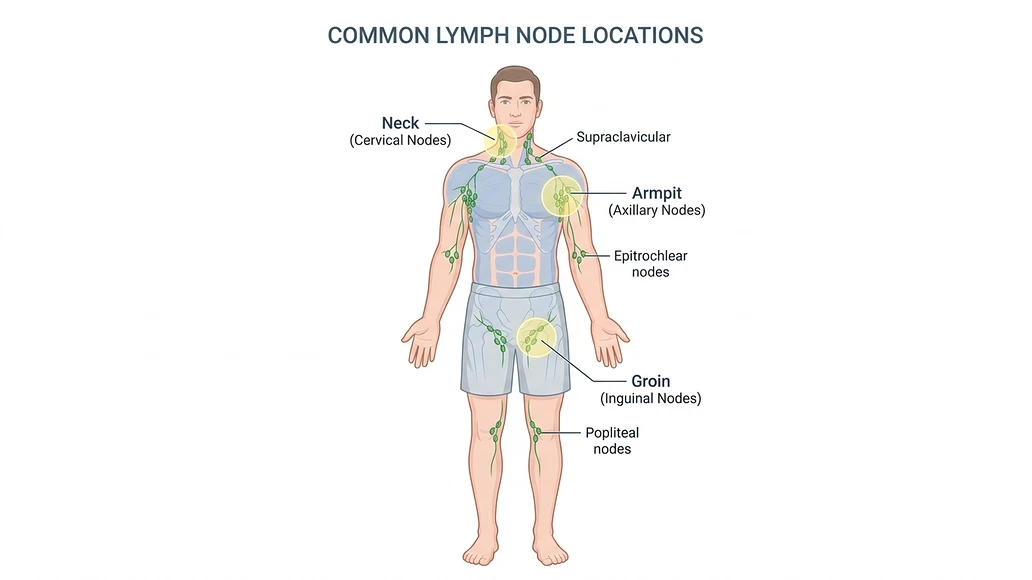 Illustration of common lymph node locations including neck, armpit, and groin